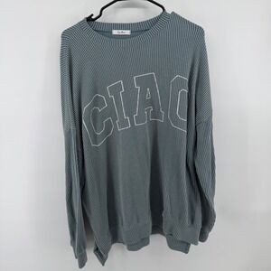 Tres Bien Ciao Graphic Ribbed Pullover Top Blue Grey Womens Large Long Sleeve